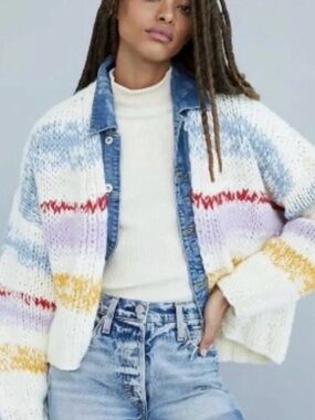 Anthropologie Grazia Cream Chunky Knit Cardigan with Multicolor Stripes